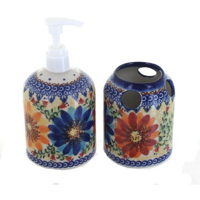 Blue Rose Polish Pottery 374-375 Vena Soap Dispenser & Toothbrush Holder