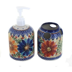 Blue Rose Polish Pottery 374-375 Vena Soap Dispenser & Toothbrush Holder - 1 of 1