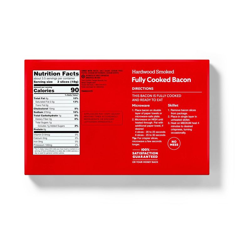 Red packaging of hardwood smoked fully cooked bacon with nutrition facts and cooking directions for microwave and skillet.