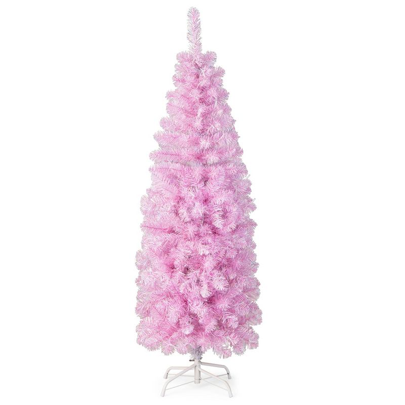 Costway 5 FT/6FT/7FT Pre-lit Christmas Tree Hinged Pencil Xmas Decoration with 190/250/350 LED Lights Pink, 1 of 11