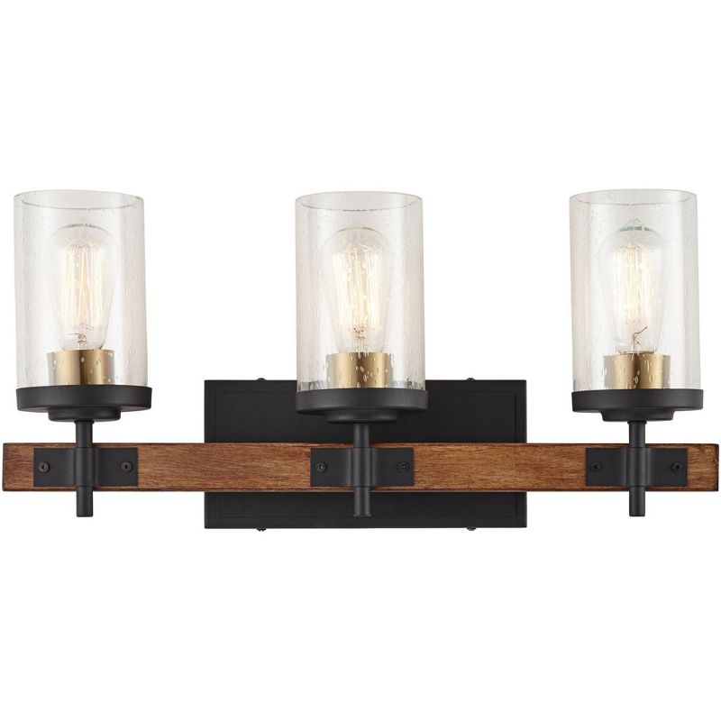 Possini Euro Design Kata Farmhouse Rustic Wall Light Black Faux Wood Hardwire 22" 3-Light Fixture Clear Seeded Cylinder Glass for Bedroom Bathroom, 1 of 10