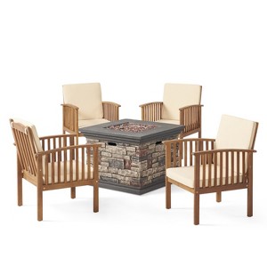 Christopher Knight Home Courtland Outdoor Acacia Wood 5 Piece Club Chair and Fire Pit Set with Cushions - 1 of 4
