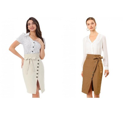INSPIRE CHIC Women's Vintage Button Decor Belted Split Front Knee Length Pencil Skirt 2 Packs