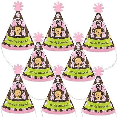 Big Dot of Happiness Pink Monkey Girl - Mini Cone Baby Shower or Birthday Party Hats - Small Little Party Hats - Set of 8