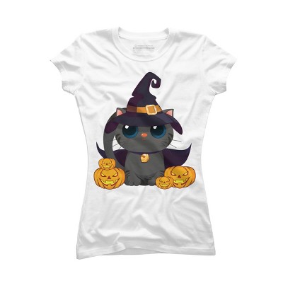 Junior's Design By Humans Black Cat With Jack O Lantern Halloween Shirt By thebeardstudio T-Shirt