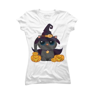 Junior's Design By Humans Black Cat With Jack O Lantern Halloween Shirt By thebeardstudio T-Shirt - 1 of 3