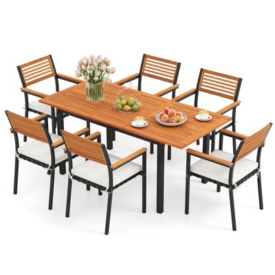 Tangkula 7-Piece Patio Furniture Set Outdoor Dining Chair Set for 6 w/ Acacia Wood & Metal Frame