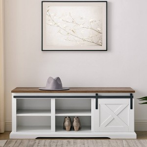 48" Transitional Sliding Barn Door Wood Bench White/Rustic Oak - Saracina Home: Farmhouse Entryway, Shoe Storage - 1 of 4