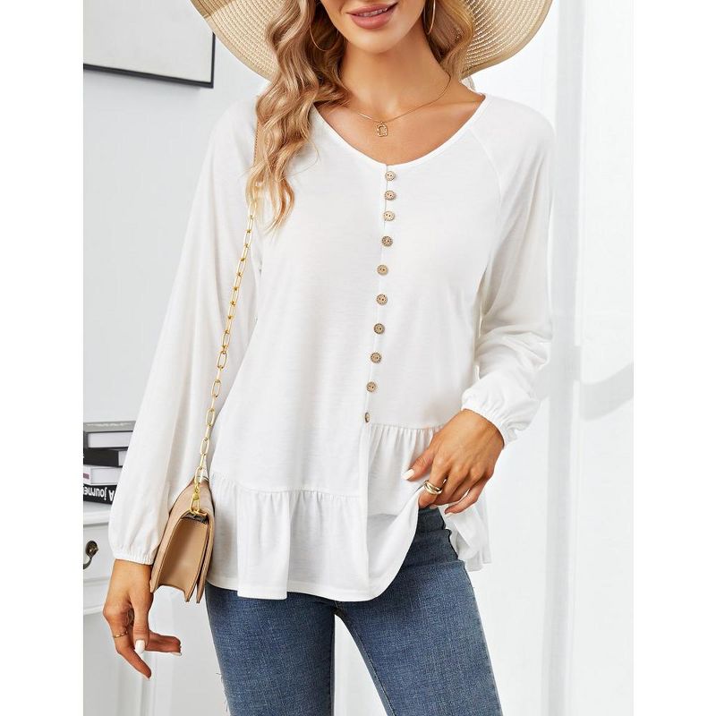 Whizmax Women V Neck Long Sleeve Button Shirt Badydoll Tops Casual Asymmetrical Loose Flowy Ruffled Blouses, 3 of 7