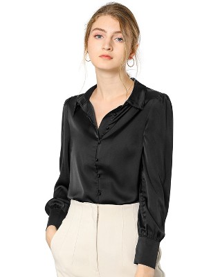 INSPIRE CHIC Women's Puff Long Sleeve Point Collar Vintage Button Work Satin Shirt
