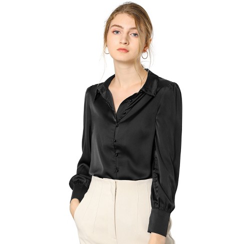 Allegra K Women's Satin Puff Sleeve Point Collar Vintage Button Up Shirt  Black X-Small