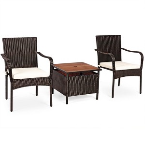 Tangkula 3 PCS Patio Furniture Set PE Wicker Bistro Set w/Acacia Wood Coffee Table & Umbrella Hole for Backyard Garden Poolside - 1 of 4