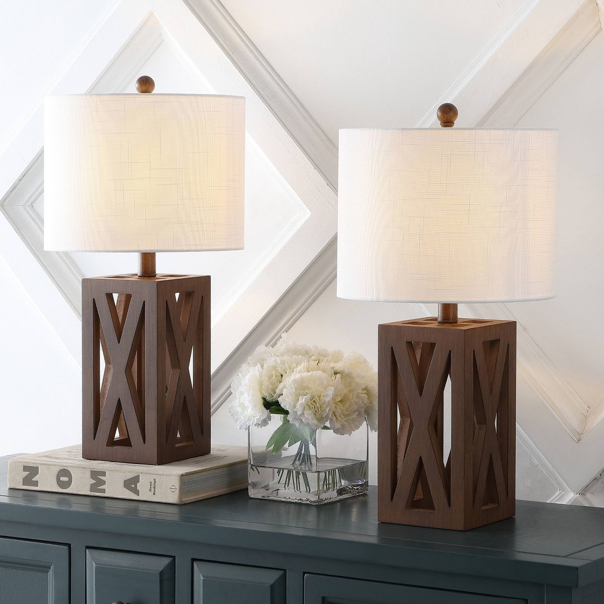 Set of 2 21.5" Stewart Farmhouse Wood Table Lamps: Linen Shade, Rustic Decor - JONATHAN Y