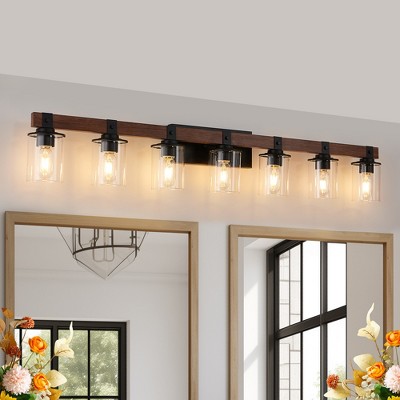 TOBILI 50" Rustic 7-Light Vanity Light,Industrial Bathroom Wall Sconce with Glass Shades and Wood Accent,Modern Farmhouse Lighting Fixture(No Bulbs)