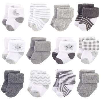 Hudson Baby Infant Unisex Cotton Rich Newborn and Terry Socks, Moon, 0-3 Months