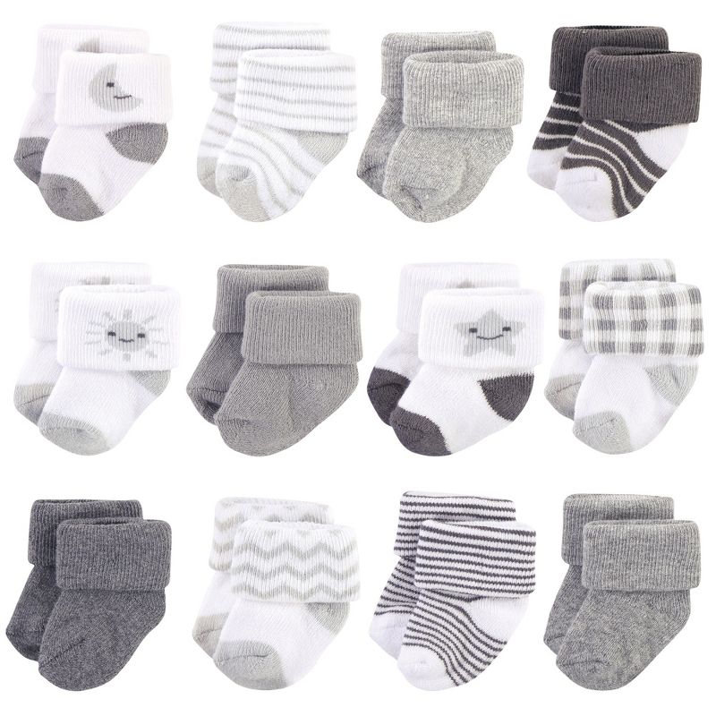 Hudson Baby Infant Unisex Cotton Rich Newborn and Terry Socks, Moon, 0-3 Months, 1 of 4