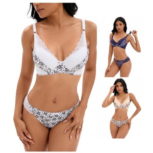 INSPIRE CHIC 3 Sets Women's Floral Mesh Push-Up Underwire Lace Bra and Underwear Lingerie Set - 1 of 4