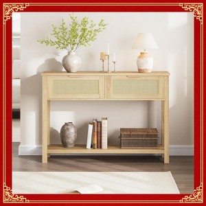 Garvee Console Table with 2 Drawers – Bohemian Rattan Entryway Table, Rustic Design with Burlywood Grain, Perfect for Living Room or Hallway - 1 of 4