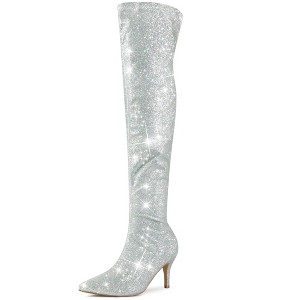 Perphy Women's Glitter Pointed Toe Size Zip Stiletto Heels Over the Knee Boots - 1 of 4