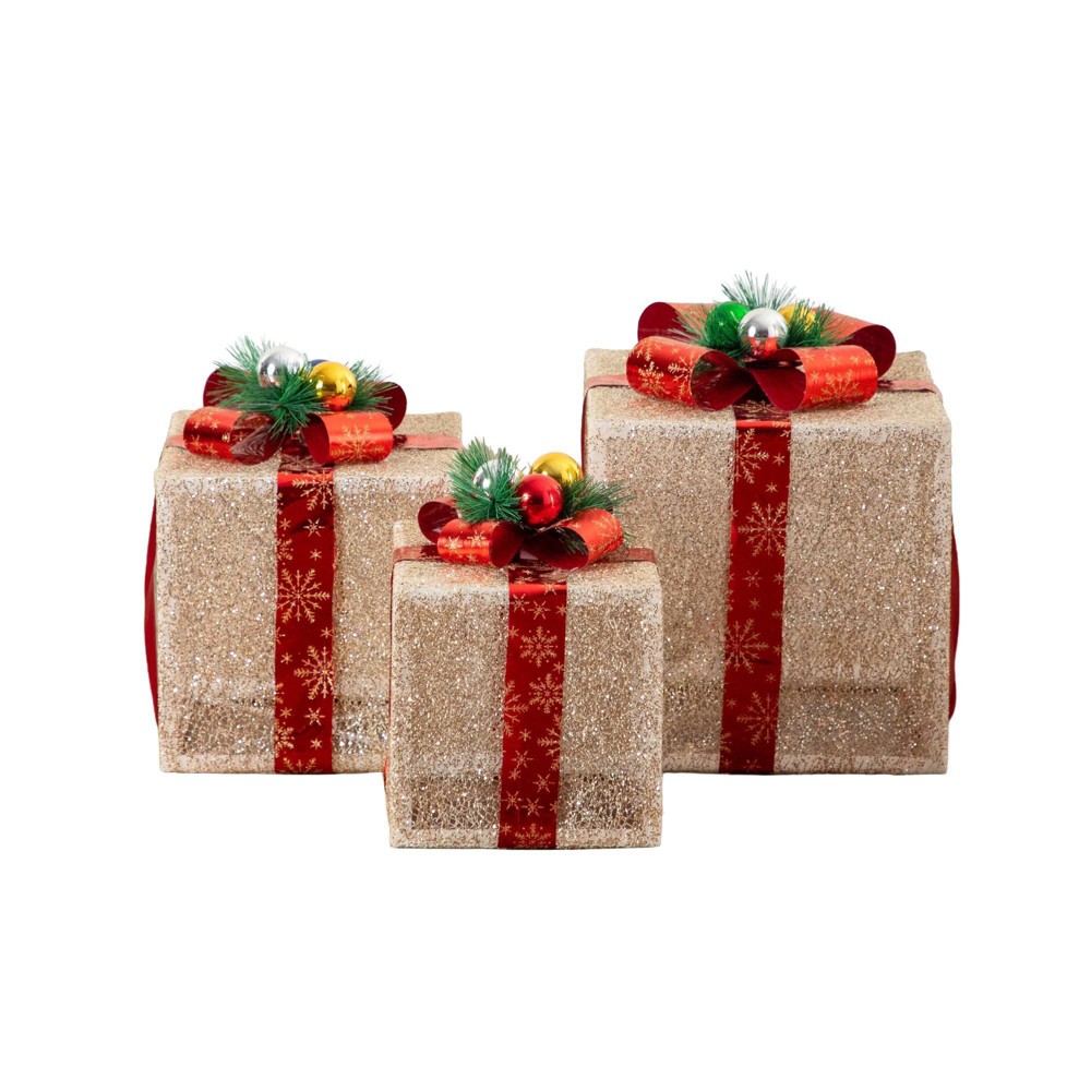 Nearly Natural Pre-Lit Christmas Gift Boxes with LED Lights and Festive Gift Toppers - Set of 3 Red