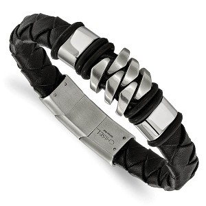 Black Bow Jewelry Stainless Steel & Black Leather Adjustable Bracelet, 7.5 to 8 Inch - 1 of 2