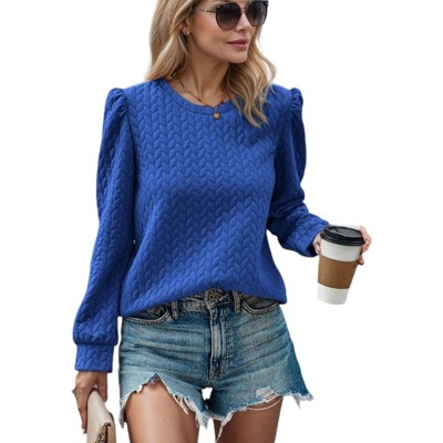 Amaryllis Women's Puff Sleeve Quilted Knit Top Crew Neck Statement Textured Long Sleeve Relaxed Fit