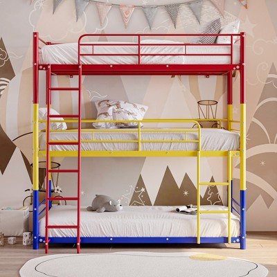 Triple Twin Bunk Bed with Safety Guardrails and Ladder