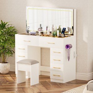 Sapphtopaz Makeup Vanity Desk with Mirror and Lights, Wood Makeup Table with Drawer & Storage Cabinet Dresser For Bedroom - 1 of 4