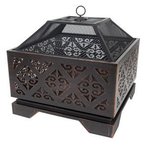 Vienna 26" Square Fire Pit - Pleasant Hearth: Outdoor Fireplace with Cooking Grid, Mesh Spark Guard, Poker - 1 of 4