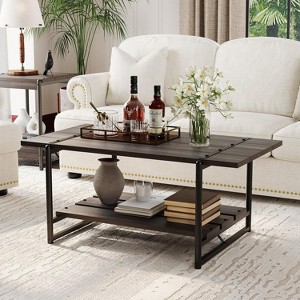 Acekool 2-Tier Coffee Table with Storage Shelf, Farmhouse Industrial Wood & Metal Center Table for Living Room, Office - 1 of 4