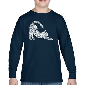 LA Pop Art Stretching Cat - Boy's Word Art Long Sleeve T-Shirt - 1 of 4