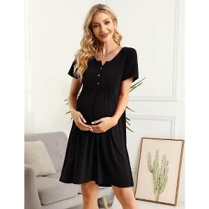 Womens Maternity Nursing Dress Short Sleeve Midi Dress Casual Solid Color Button Down Breastfeeding Dress - 1 of 4