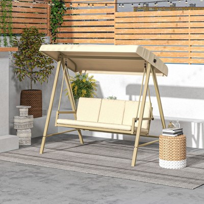 Beige 3-Seat Outdoor Swing with Adjustable Canopy and Cushions