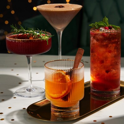 Gold Rimmed Clear Rippled Highball Glasses Set of 2, 15oz