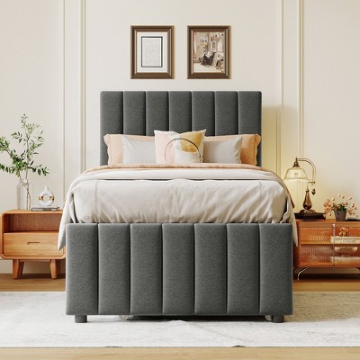 Whisen Twin Size Linen Upholstered Platform Bed with Trundle and 3 Storage Drawers