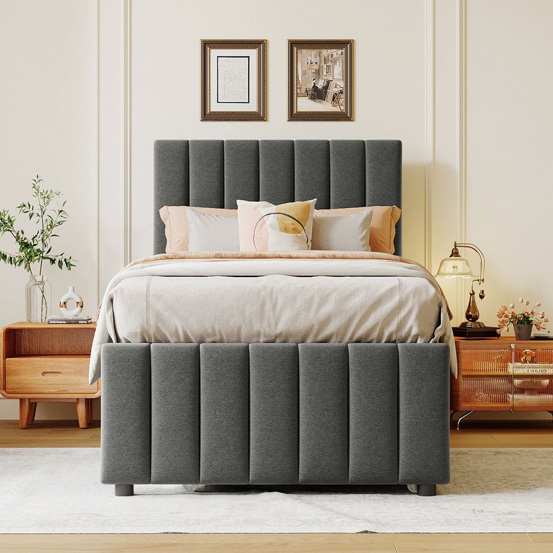 Twin Size Linen Upholstered Platform Bed with Trundle and 3 Drawers - ModernLuxe, 2 of 13