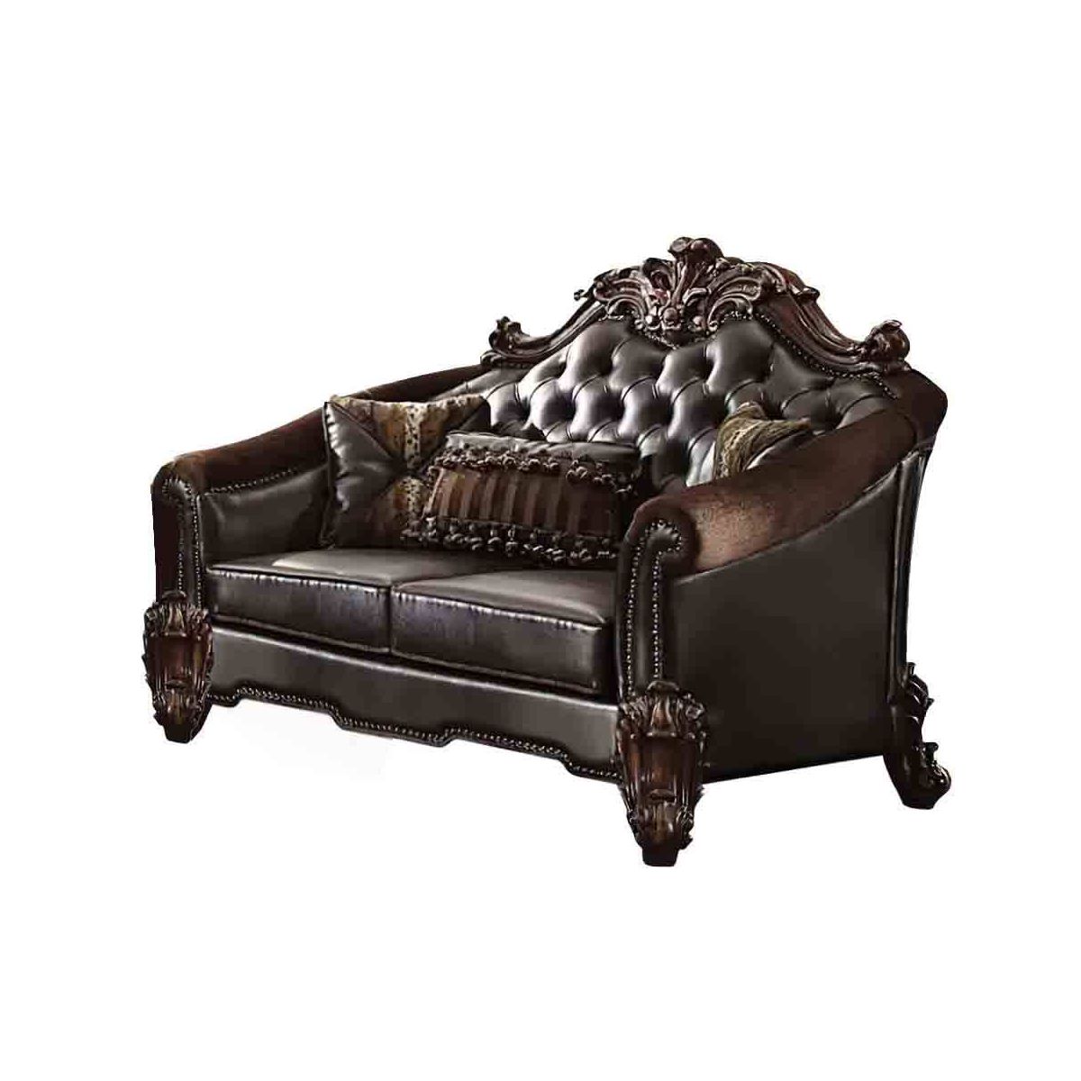 67" Vendome II Sofa Two Tone Dark Brown Synthetic Leather and Cherry Finish - Acme Furniture: Baroque Inspired, Crystal Button Tufting - thumbnail 7