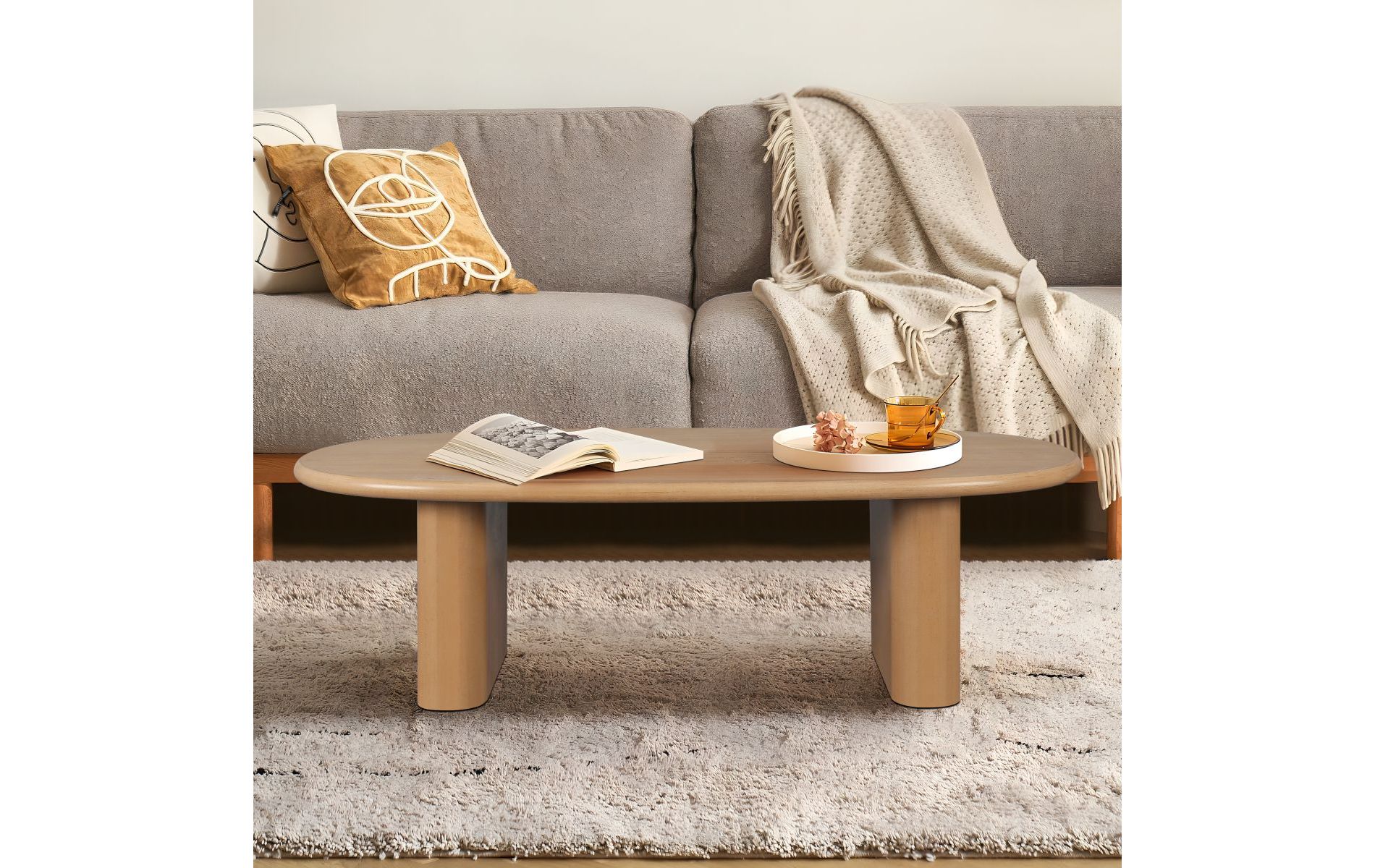 Brown Oval Wood Coffee Table Minimal Coffee Table Wood Grain Top Cocktail Center Table Small Coffee Tables For Small Spaces-Cuddlewood