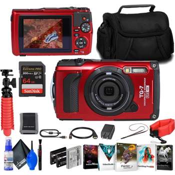 OM SYSTEM Tough TG-7 Red Waterproof Camera, With 2 Extra Batteries + 64GB Card + More