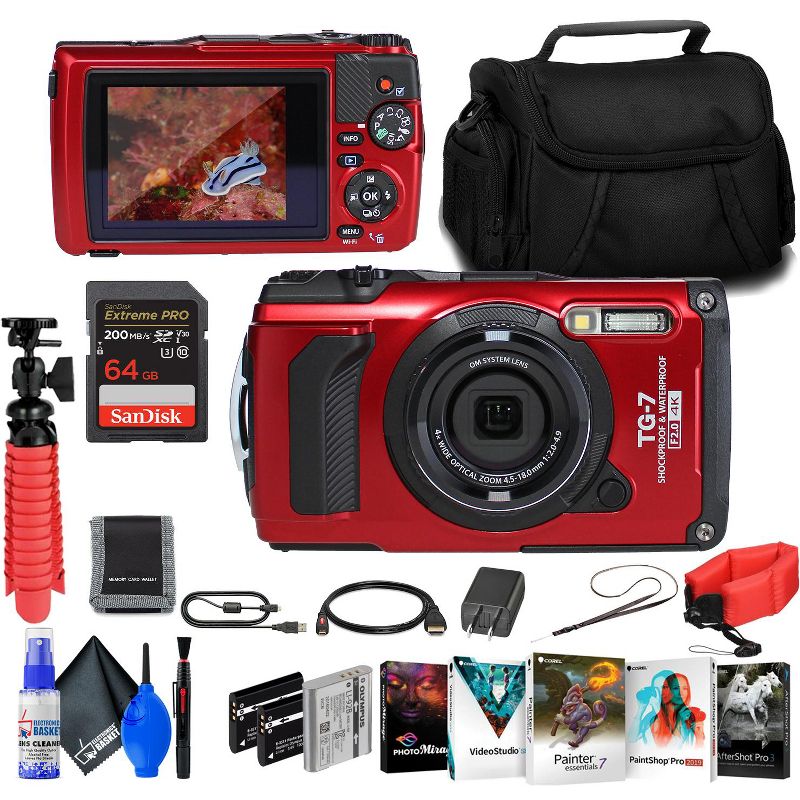 OM SYSTEM Tough TG-7 Red Waterproof Camera, With 2 Extra Batteries + 64GB Card + More, 1 of 5