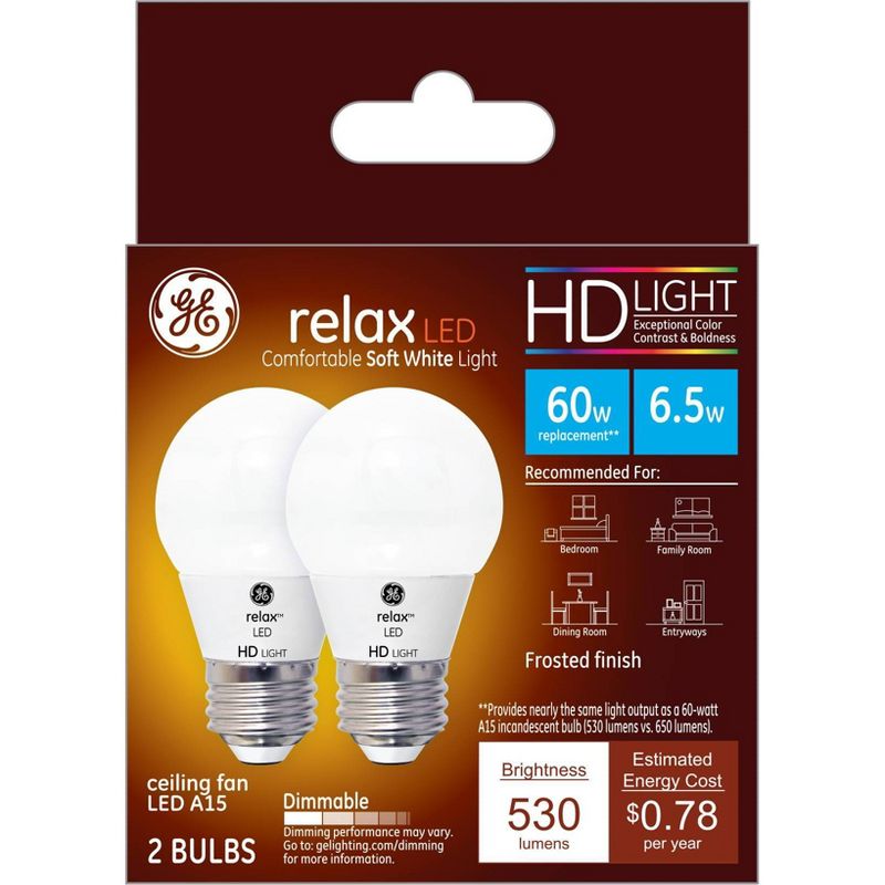 GE 2pk 5.5W 60W Equivalent Relax LED Ceiling Fan Light Bulbs Soft White, 1 of 6