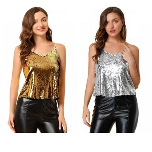 Allegra K Women's Sequined Shining Adjustable Straps Party Sparkle Cami Top 2 Packs - 1 of 4