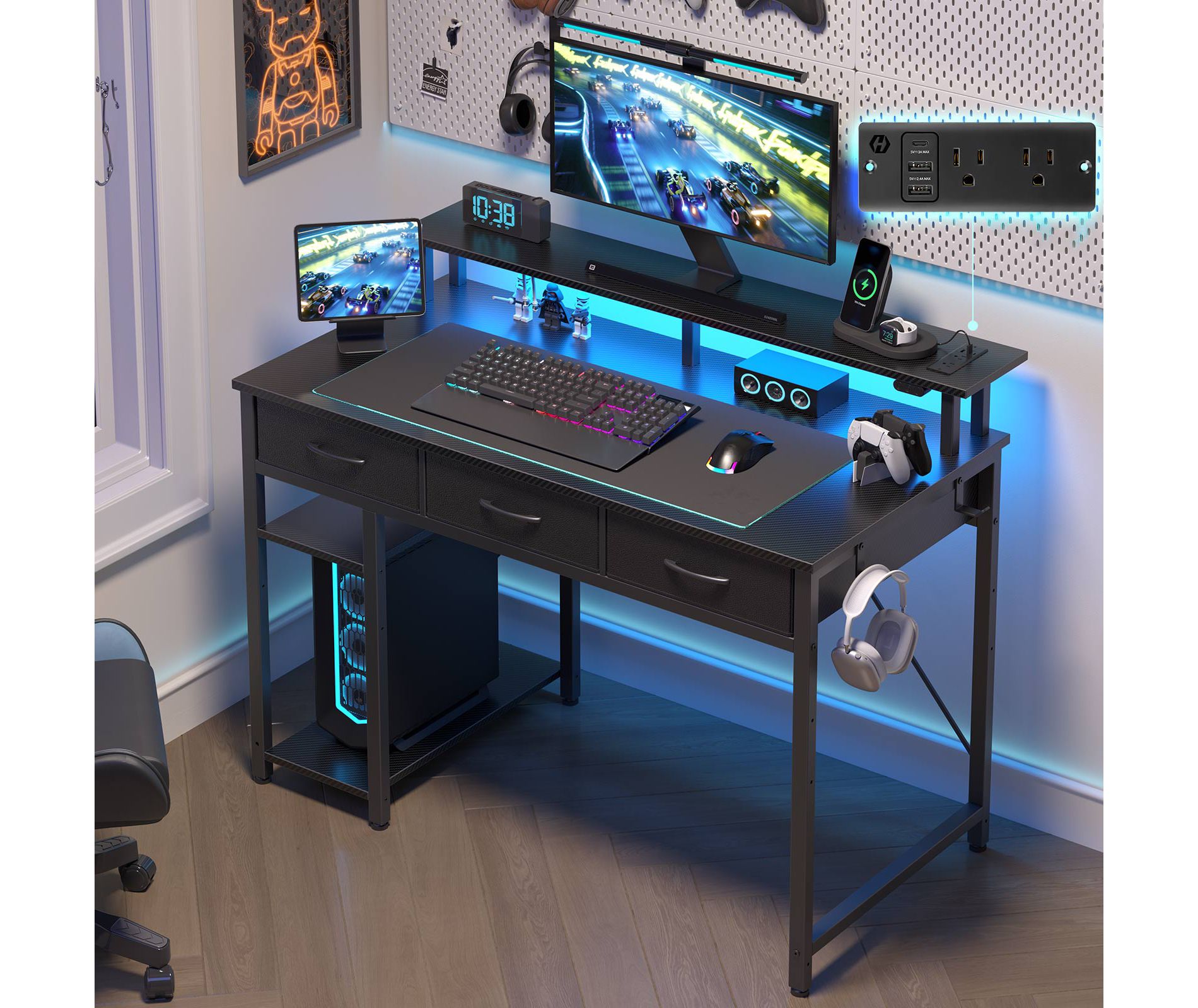 Greenstell 39/47/55 inch L-Shaped Computer Desk with Monitor Stand, LED Lighted Gaming Desk with Power Outlet and Drawer