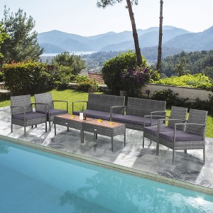 Costway 8PCS Patio Rattan Furniture Set Cushioned Chair Wooden Tabletop Gray - 1 of 4