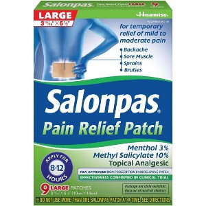Salonpas Pain Relief Patch, Up to 12 Hours Temporary Relief of Mild to Moderate Pain, Backache, Sore Muscle, Sprains, Bruises, Large 9 Count - 1 of 4