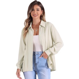 Allegra K Women's Ruch Button Down Long Sleeve Casual Collar Lapel Shirt - 1 of 4