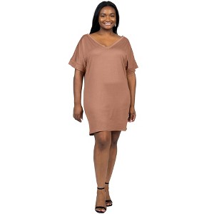 24seven Comfort Apparel Plus Size Solid Color Loose Fit V Neck T Shirt Style Knee Length Dress - 1 of 4