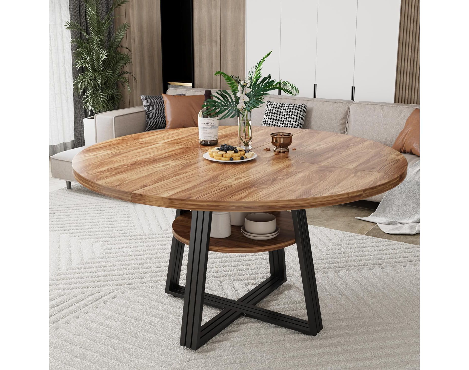 Round Dining Table for 4-6, 42" Farmhouse Kitchen Table with Storage, Circle Dinner Tables for Kitchen, Dining Room, Living Room, Meeting Room, Brown