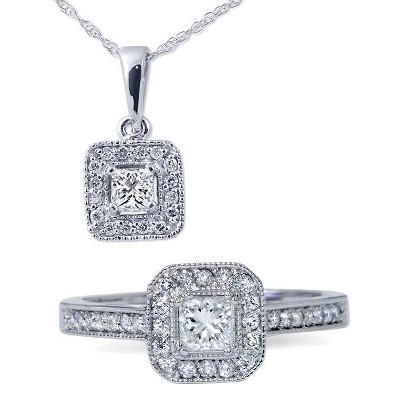 Pompeii3 1ct Princess Cut Diamond Halo Ring & Pendant Set 14K White Gold
