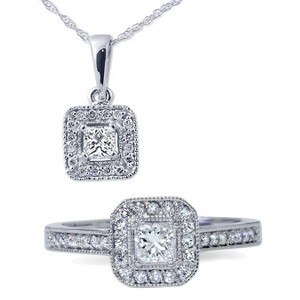 Pompeii3 1ct Princess Cut Diamond Halo Ring & Pendant Set 14K White Gold - 1 of 4